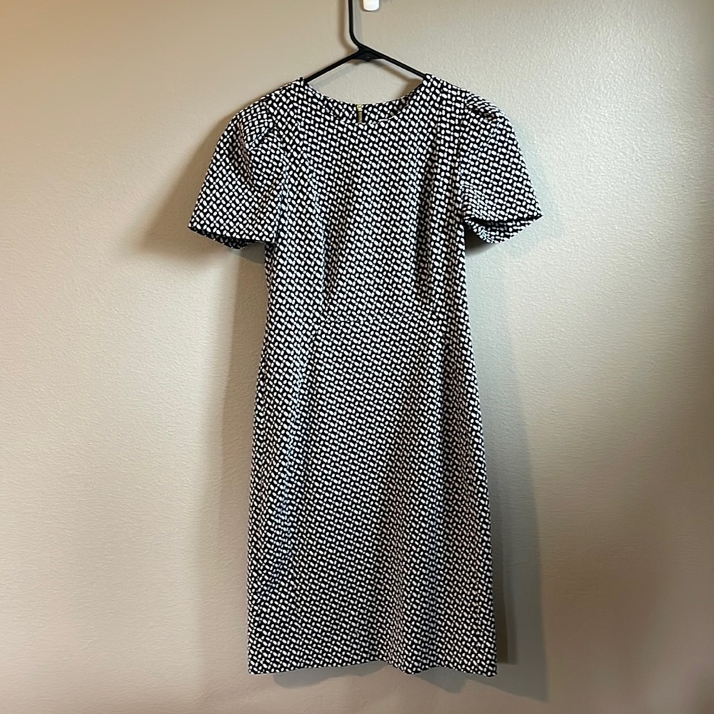 Calvin Klein dress, puffy sleeve, black and white pattern, gold zipper